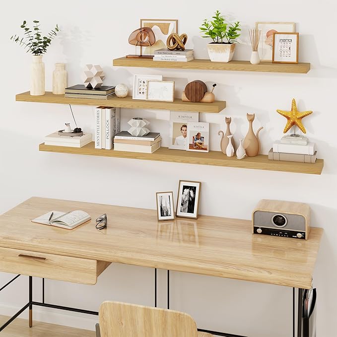 Fun Memories 72Inch Floating Shelves,Wall Mounted Rustic Wood Floating Shelf with Invisible Brackets for Storage & Decor,2 Pack Shelves for Bathroom,Bedroom and Kitchen,Oak