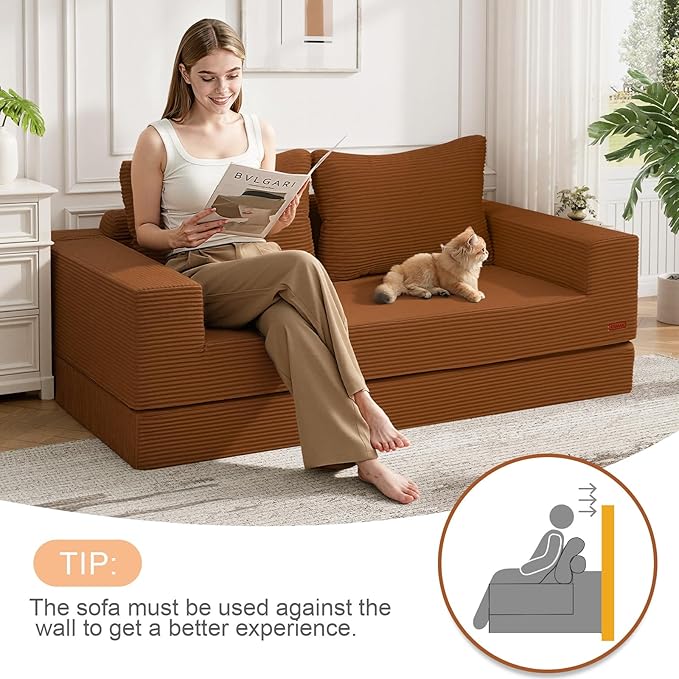 COMAX Convertible Sofa Bed Queen, Corduroy Folding Floor Couch Pull Out Couch Bed Futon Sleeper with Pillows, Fold Out Boneless Sofa Comfy Lounge Mattress Loveseat for Living Room Bedroom, Orange