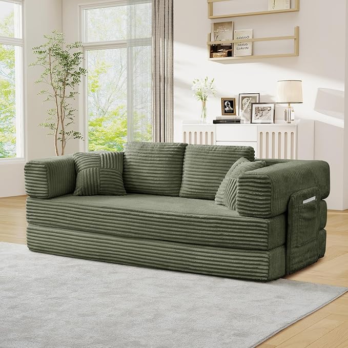Antetek Convertible Sofa Bed, Comfy Corduroy Fluffy Love seat Sleeper Sofa, 5 in 1 Folding Couch Bed, Fold Out Floor Couch with Pillows for Bedroom, Living Room, Office, Wide Stripes, Green