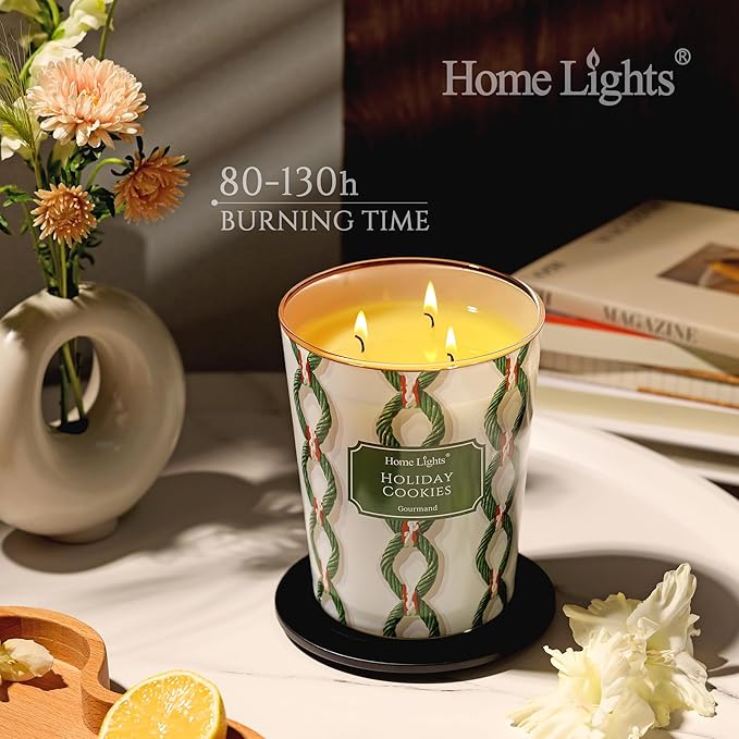 HomeLights Holiday Cookies Scented Candles | 34oz Soy Candles Rustic Modern 3-Wick Large Candle Jars | Ideal Candle Gifts for Events, Home Decor Stress, Relief & Relaxation