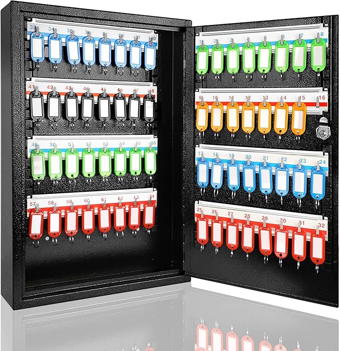 ORIENTOOLS Key Box Steel Key Safe Cabinet, Wall Mount Key Holder Lock Box with Key Tags, Key Organizer Ideal for Home, Hotels, Valets and Office Key Storage (64 Keys, Black)