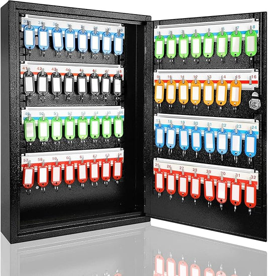 ORIENTOOLS Key Box Steel Key Safe Cabinet, Wall Mount Key Holder Lock Box with Key Tags, Key Organizer Ideal for Home, Hotels, Valets and Office Key Storage (64 Keys, Black)