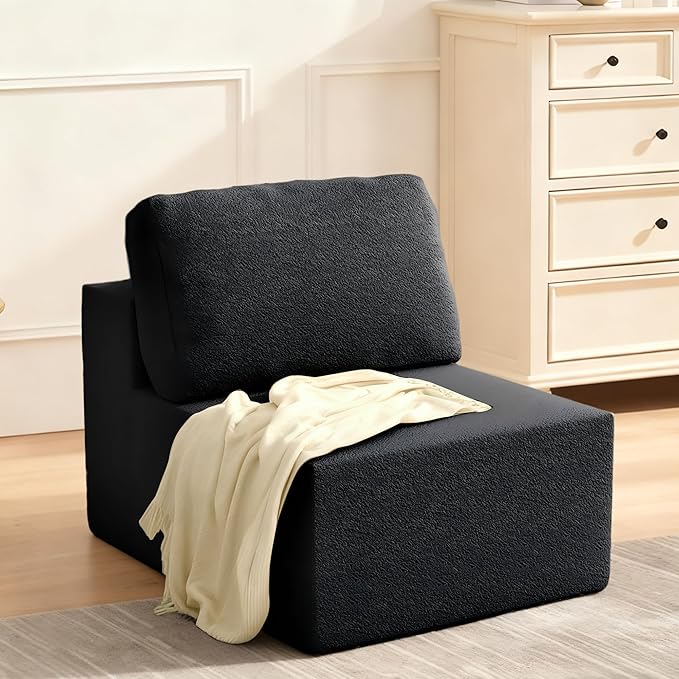 30" Modular Upholstered Foam Couch, Upholstered Floor Sofa Couch with Pillow, Bean Bag Chair for Bedroom Living Room, No Assembly Required (Black, Teddy Boucle)