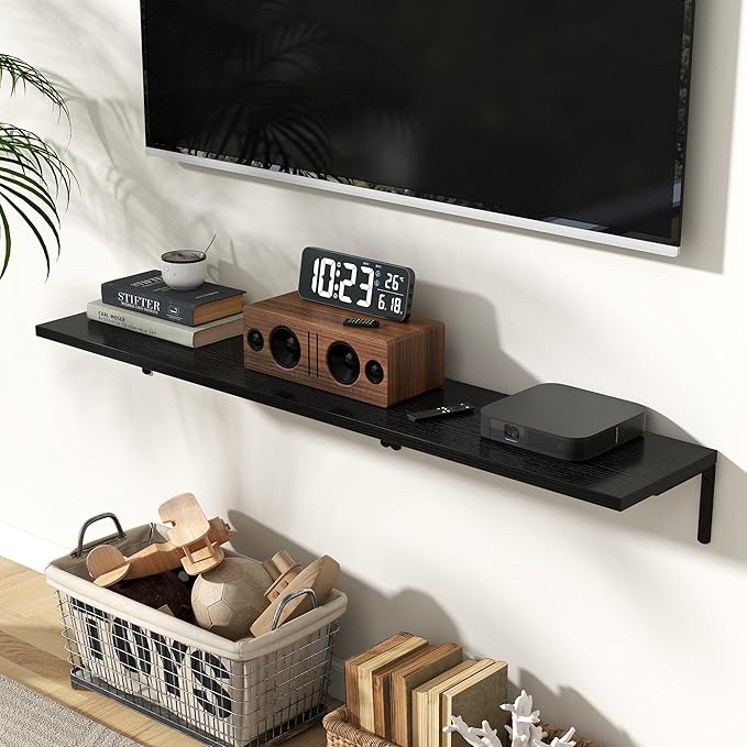 Fun Memories Deep Floating Shelves, 24W x 8D Floating Shelves Set of 2, Wall Mounted Shelf with Metal Brackets, Rustic Wood Wall Shelf for Bathroom, Kitchen and Living Room, Black