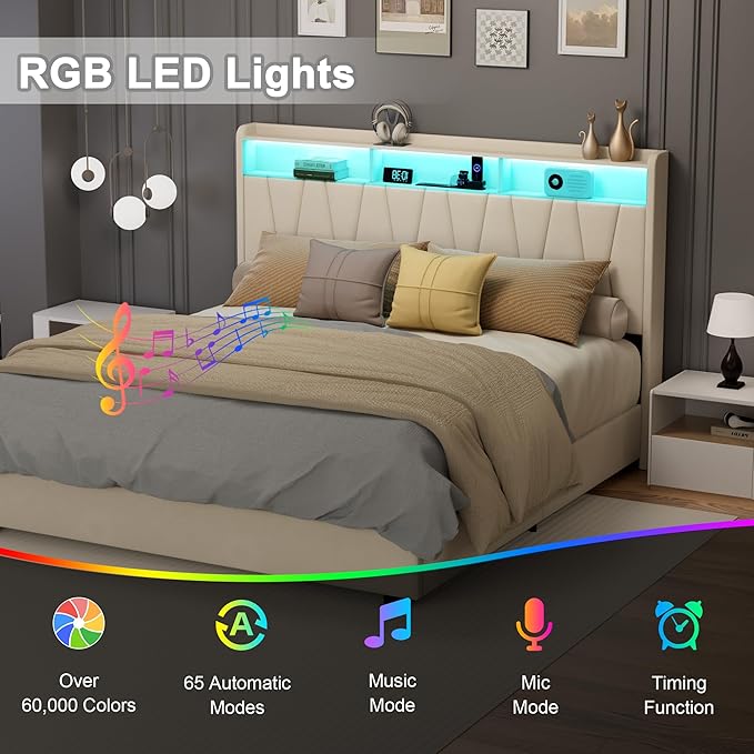 King Size Bed Frame, Velvet Upholstered LED Platform Bed with Headboard Storage, Bed Frame King Built-in Charging Station with 4 Drawers, Wood Slat Support, No Box Spring Needed, Beige