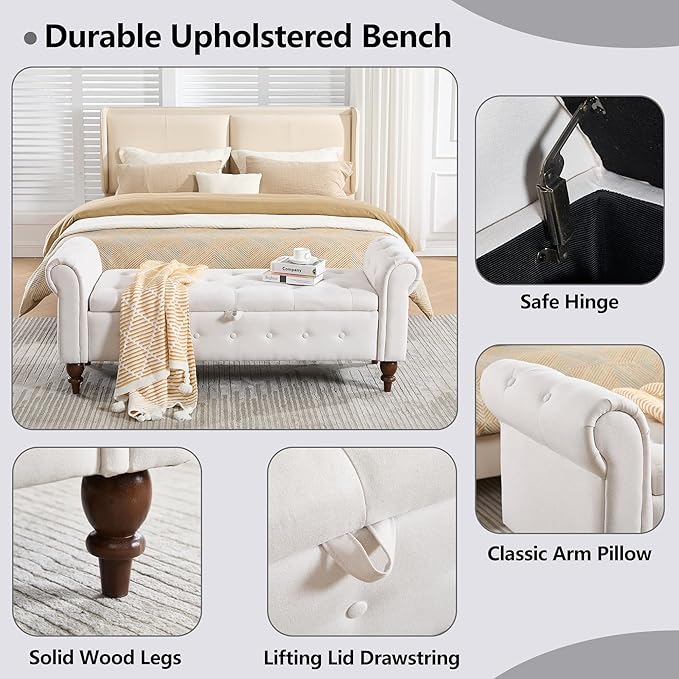 GNIXUU 63" End of Bed Storage Bench for Bedroom, Upholstered Ottoman Seat with Storage for Living Room, Window, Entryway, Beige White Velvet