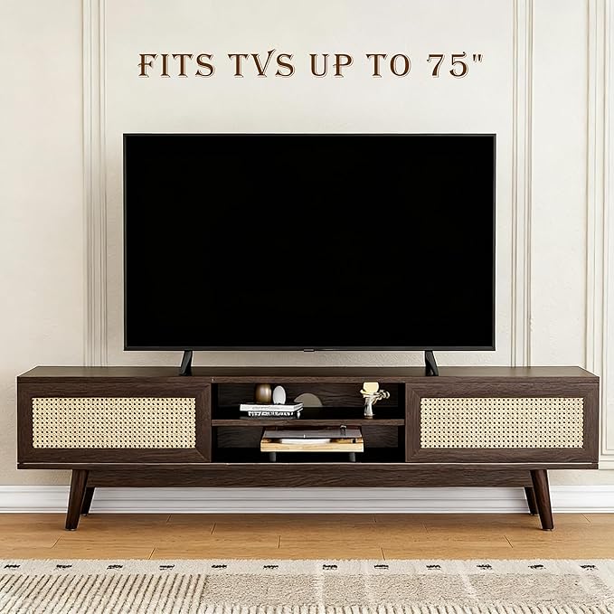 65" TV Stand with Open Shelf & Generous Storage, Rattan-Door Sideboard for TVs up to 75 Inch, Modern Accent Cabinet for Living Room, Dark Walnut