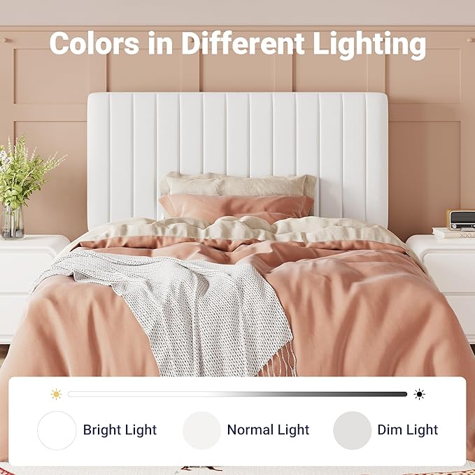 Allewie Twin Bed Frame, Velvet Upholstered Platform Bed with Adjustable Vertical Channel Tufted Headboard, Mattress Foundation with Strong Wooden Slats, Box Spring Optional, Easy Assembly, Off-White