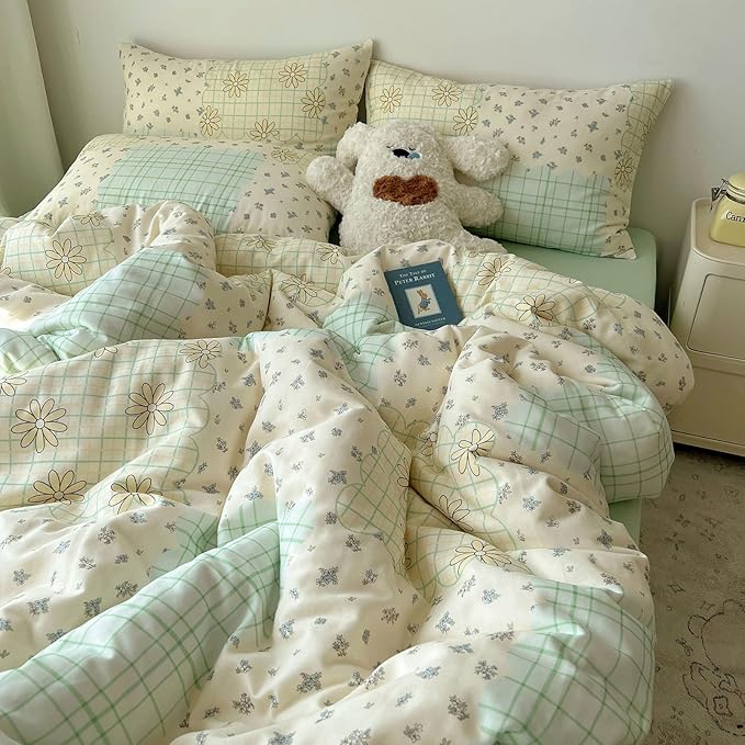 LifeTB Muslin Duvet Cover King Size 100% Cotton Botanical Floral Comforter Cover Aesthetic Flower Chic Plaid Desgin Cottagecore Bedding Set Breathable Soft Gauze Duvet Cover with 2 Pillowcases