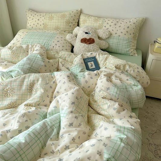 LifeTB Muslin Duvet Cover King Size 100% Cotton Botanical Floral Comforter Cover Aesthetic Flower Chic Plaid Desgin Cottagecore Bedding Set Breathable Soft Gauze Duvet Cover with 2 Pillowcases