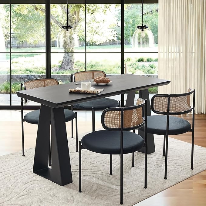 Rattan Dining Chairs Set of 4, Mid Century Modern Dining Chairs with Cane Back and Boucle Upholstered Seat, Farmhouse Kitchen Chairs for Dining Room and Living Room, Black