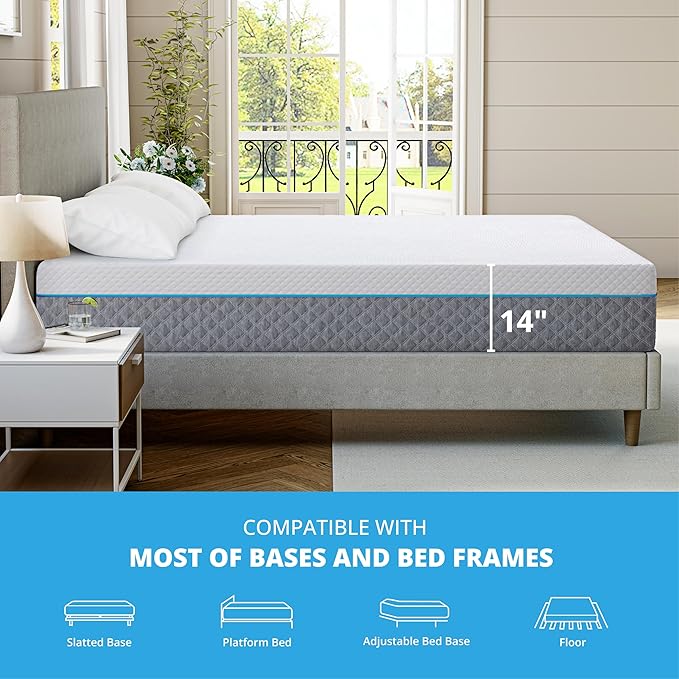 EGOHOME Full Mattress 14 Inch, Memory Foam Mattress Bed in a Box, Back Pain Relief, Made in The USA of US Foam and Global Materials, Medium Firm, CertiPUR-US Certified,75”x54”x14”, White