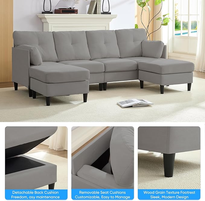 PUREMIND Sectional Home Sofa Living Room, Modern U-Shaped Sofa Couches with Double Chaise, Upholstered 4 Seater Sofa for Living Room, Apartment, Light Grey