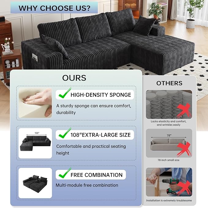 108" Sectional Couches for Living Room, Modular Sectional Sofa with L-Shape Chaise, Boneless Couch, Comfy Corduroy Fluffy Couch with Deep Seat and Side Pockets, No Assembly Required