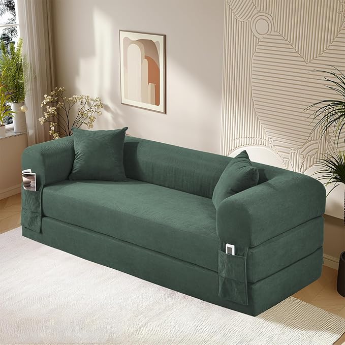 Convertible Folding Sofa Bed,80" Pull Out Couch with Pillows & Storage Pocket,Modular Futon Bed Corduroy Queen Sleeper Sofa in a Box,Compression Boneless Couch for Living Room,Light Green