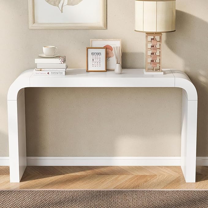 52" Curved Console Table for Entryway Modern Long and Narrow Foyer Table Behind Couch for Corridor Living Room Wood (White)
