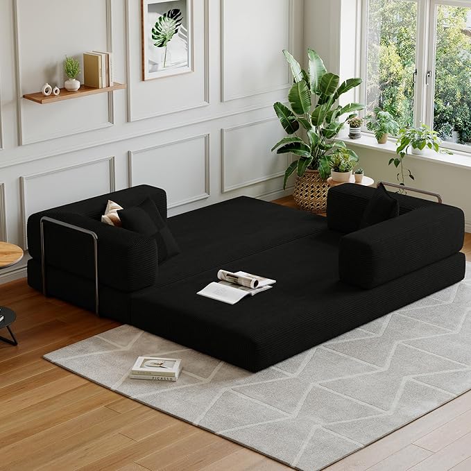 Compressed Sleeper sofa bed,Convertible Floor Boneless Couch-With Comfy Pillow,Modular Modern Corduroy Sofa for living room Bedroom Lounge Studio-With Fixed-shape Frame and support Armrest(Black)