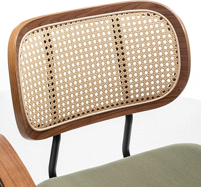 Rattan Dining Chairs Set of 4, Mid Century Modern Kitchen Side Chair, Metal Legs Desk Chair, Linen Fabric Accent Chair with Arms and Rattan Backrest, Beige