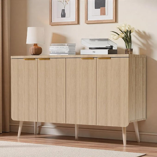 4-Door Fluted Sideboard Buffet Cabinet, 47" Large Storage Cabinet with Shleves, Wood Modern Accent Credenza Kitchen Table for Dining Room, Living Room & Entryway, Oak
