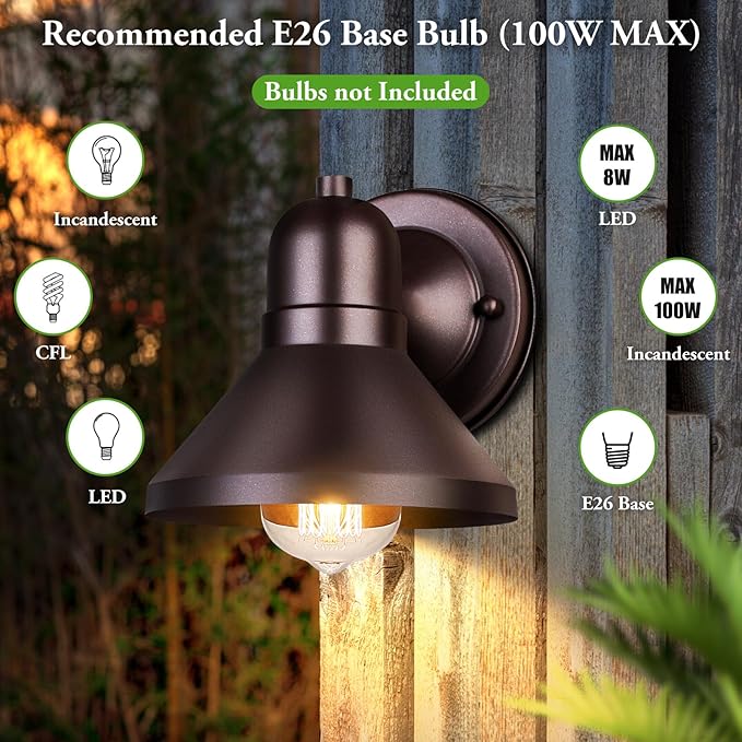Brightever Outdoor Barn Wall Light Fixtures, 2-Pack Brown Exterior Wall Lantern, Waterproof Anti-Rust Lighting with E26 Socket, Small Outside Lights for House, Patio, Playhouse, Garage