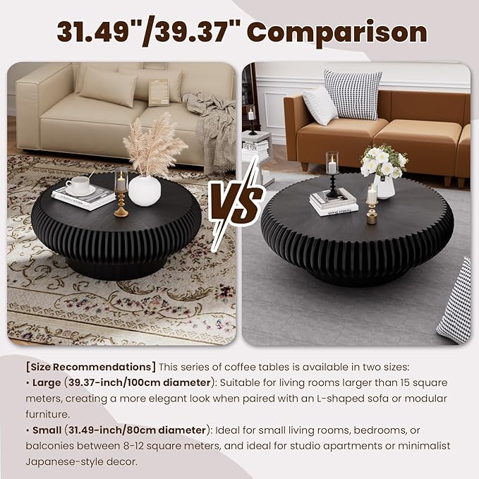 Round Drum Coffee Table for Living Room, Mid Century Modern Coffee Table with Sturdy Pedestal, Farmhouse Fluted Circle Center Table Accent Tea Table for Apartment (Large Black)