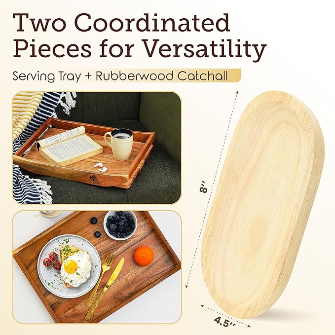 Solid Acacia Wood Tray - Large Breakfast in Bed & Coffee Table Wooden Tray - Food-Safe, Gift-Ready Packaging - Complimentary Rubberwood Catchall - 17x13