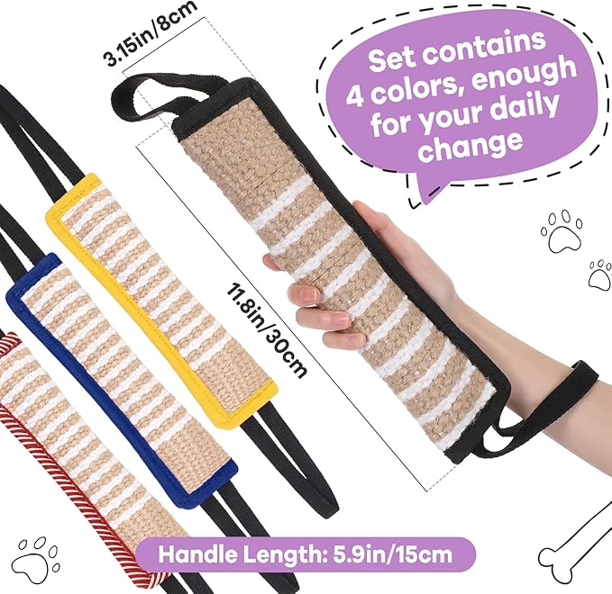 Kacctyen 4 Pcs Dog Tug Toys, Jute Pillow Pull Toy with 2 Strong Handles Tug of War Interactive Play Puppy Training Equipment for Medium to Large Dogs, 4 Colors(Dark Color)