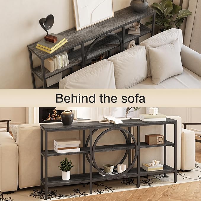 Long Console Table, 66.9 inch Wood Narrow Sofa Tables 3 Tier Couch Table Behind Sofa Industrial Grey Hallway Table Long Entryway Tables for Living Room, Foyer (Grey Oak+Black)