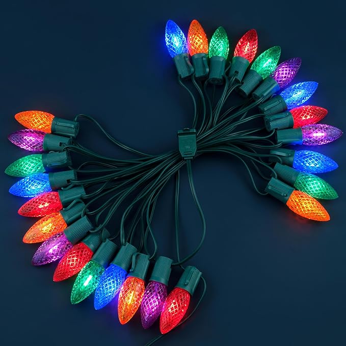 YULETIME Multicolor C9 LED Christmas Lights, 25 Feet 25 Count 12" Spacing Faceted Strawberry Bulbs UL Certified Outdoor String Light Set (Multicolor)