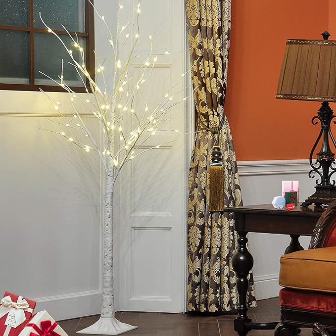 Lighted Birch Trees, 4FT 5FT 6FT(48 56 96LED) Pre-lit Birch Tree with Warm White, Artificial Birch Tree Outdoor/Indoor Christmas Easter Tree for Wedding Party Christmas Decoration -3PC