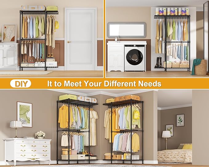 E14 Heavy Duty Clothes Rack，Freestanding Clothing Racks for Hanging Clothes，Adjustable Closet Organizers and Storage，Metal Garment Rack with Shelves 69" W x16 D x77 H，Max Load 960LBS，Black