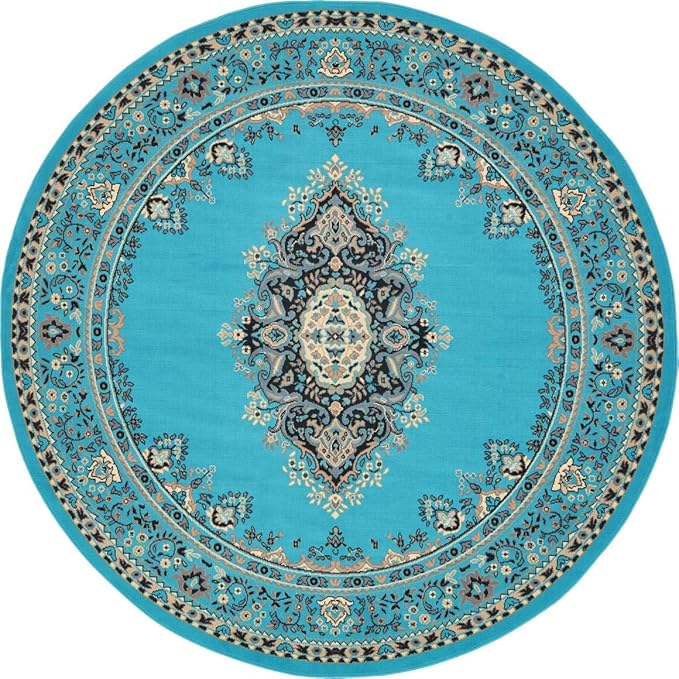 Unique Loom Reza Collection Traditional Persian Style Area Rug, 8' 0" x 8' 0", Turquoise/Ivory