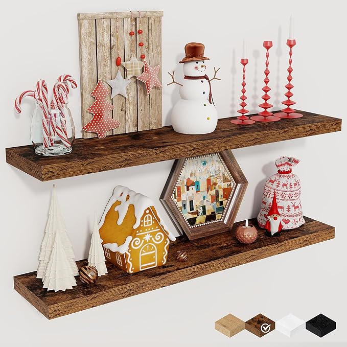 Fun Memories Floating Shelves for Wall, 30" Rustic Wood Deep Wall Mounted Shelves with Invisible Brackets for Decor & Storage, Floating Shelf for Living Room, Bathroom (Rustic Brown, Set of 2)