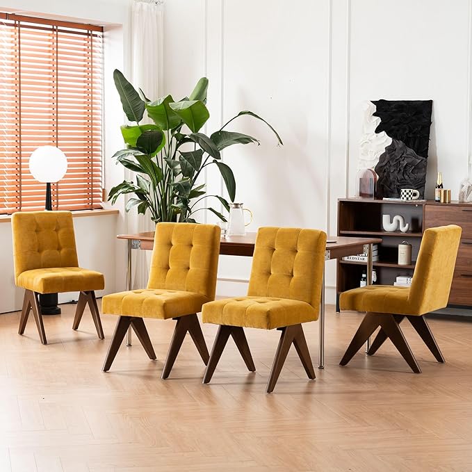 Rowill Modern Upholstered Dining Chairs Parsons Chair Linen Fabric Kitchen Chairs Tufted Armless Dining Room Chairs with Wood Legs Set of 4, Yellow