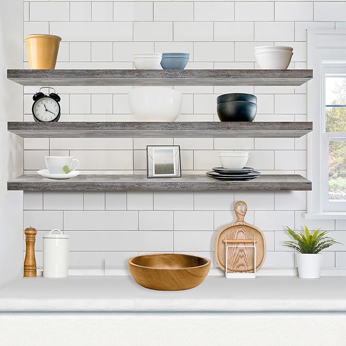 Sorbus Floating Shelves for Wall - 55 Inch Extra-Long Bathroom Shelves, Wall Decor for Bedroom, Kitchen, Living Room, Book Storage - Mounted Floating Shelf with Hidden Brackets (Gray, 3 Pack)