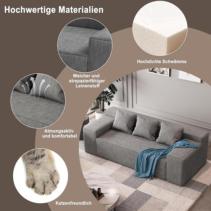 Modular Sectional Sofa, 3 Seater 105" Deep Seat Corduroy Lounge Sofa with Movable Cushions, Modular Couch for Small Spaces, Living Room, Bedroom, Apartment, Office - Gery