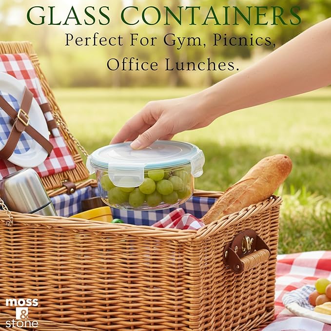 Moss & Stone 4-Pack Round Kitchen Glass Food Storage Containers Set with Lids – Reusable Glass Meal Prep Containers for Kitchen, Lunch or Fridge – Airtight Snap-Lock – Includes 1 Divided & 1 Standard