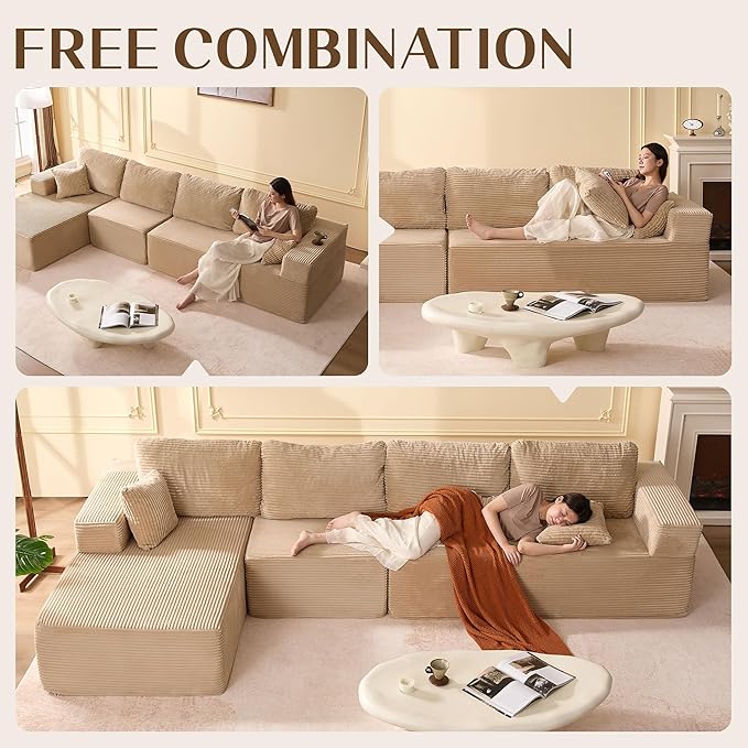 138" Boneless Couch with Deep Seat, Modular Sectional Sofa, Cloud Sectional Couch for Living Room, No Assembly Required, Corduroy, 4 Seater L-Shape Left, Camel