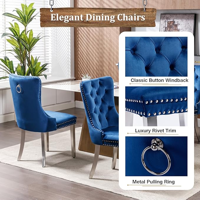 Goujxcy Glass Dining Table Set for 4, Modern Kitchen Table and Chairs Set of 4, 5-Piece Kitchen Dining Room Table Set w/51 Glass Metal Dining Table and 4 Blue Velvet Upholstered Chairs