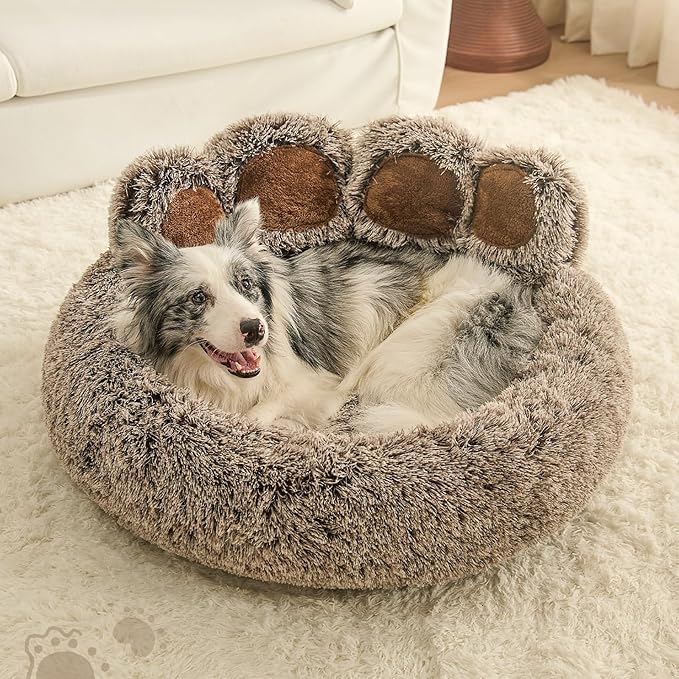 Jiupety Paw Shape Calming Pet Bed, Medium Plush Faux Fur Donut Bed for Dogs & Cats, Machine Washable, Non-Slip Bottom, Extra Large Size (32"×32"×10"), Gray