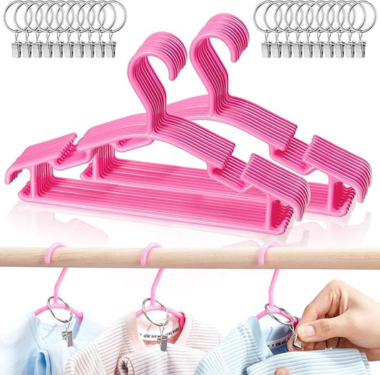 Baby Hangers with Metal Ring Clips, Children Plastic Hanger for Kids Pants Clothes Closet, 20 Pack, Rose red
