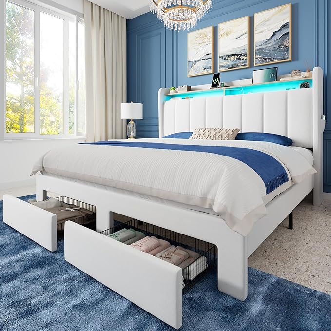 Allewie Velvet Vertical Tufted Queen Upholstered Platform Bed Frame with 2-Tier LED Storage Headboard & 2 Storage Drawers, USB & Type-C Charging Ports, Noise-Free/No Box Spring Needed, White