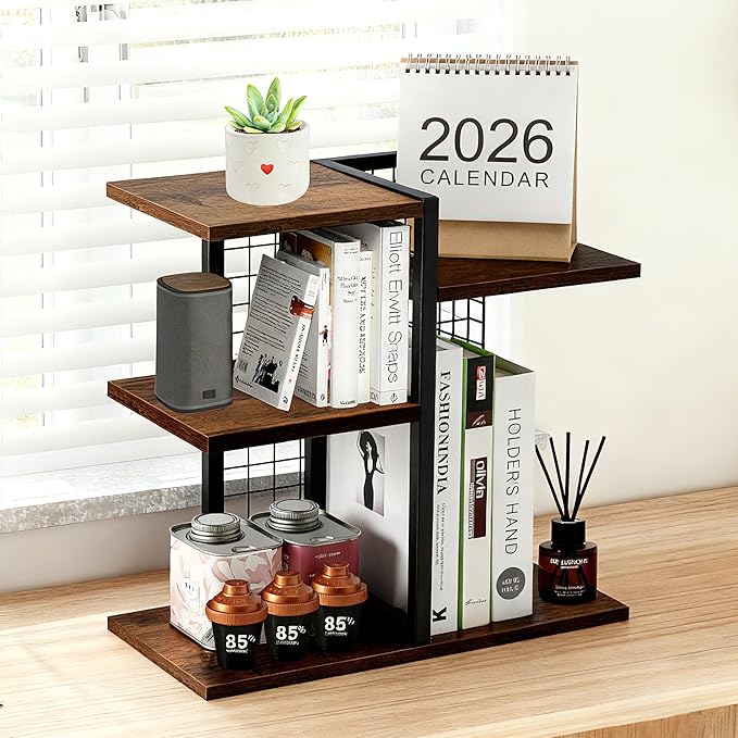 Y YOMA Desktop Bookshelf, 3 Tier Wood Desk Shelf for Top of Desk, Compact Vertical Storage Desk Organizer & Display Rack for Home Office Dorm, Rustic Brown