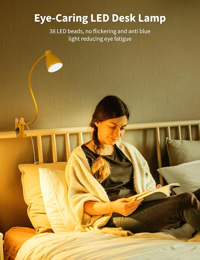 BOHON Clip on Light, 10W 38 LED Desk Lamp with Clamp, 5 Color 10 Brightness Auto Off Timer, Flexible Neck Clip Lamp, Desk Lights for Office Home Bed Bedside Reading, Bright Yellow