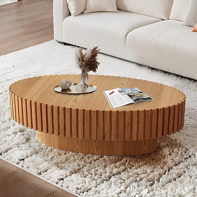 Oval Coffee Table for Living Room, 43.3'' Modern Handcraft Drum Coffee Table Unique Fluted Coffee Tables Wood Center Table End Table for Small Space, Farmhouse Apartment Office (Oval Wood)