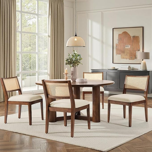 HULALA HOME Rattan Dining Chairs Set of 4, French Solid Wood Kitchen Dining Room Chairs with Curved Back, Upholstered Accent Dinner Cane Chair for Living Room Restaurant, Walnut