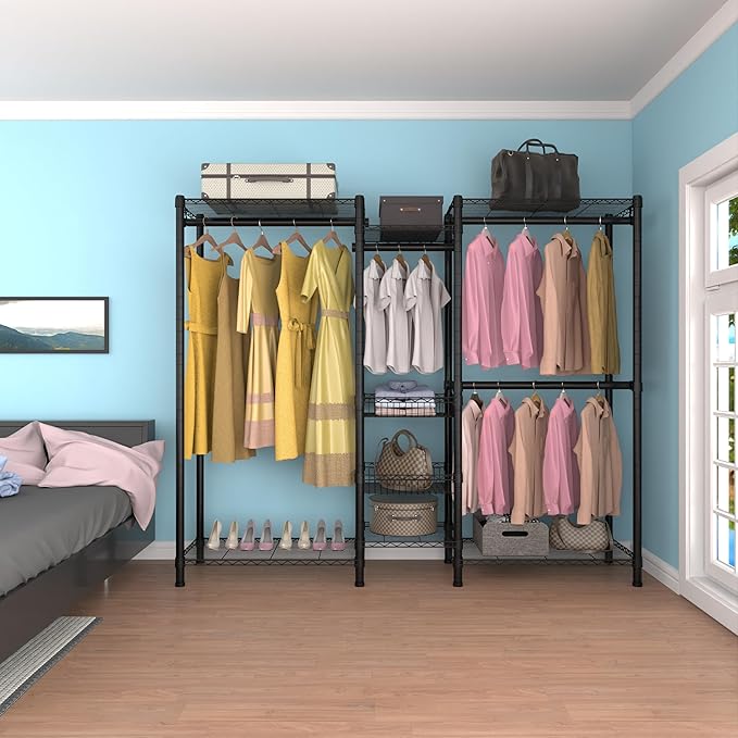 Xiofio Freestanding Heavy Duty Clothes Rack, Wire Clothing Rack with Hanging Rod,Adjustable Shelves & 2 Slid Fixed Baskets,60.7" L x 15.7" W x 70.5" H Max Load 720LBS,Black.