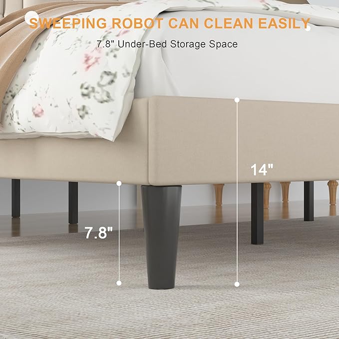 VECELO Full Size Bed Frame with Adjustable Headboard, Upholstered Button Tufted Platform Bedframe with Wood Slats Support, No Box Spring Needed, Beige