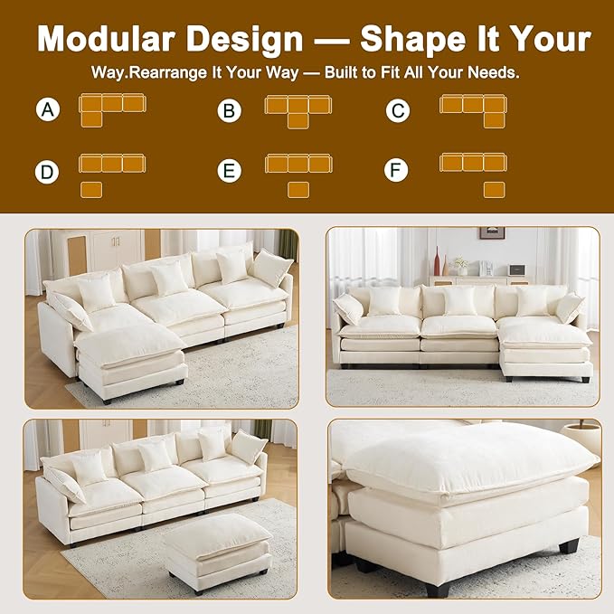111.4" Cloud L Shaped Sectional Couch with Ottoman｜Modular Chenille Sofa with 29.1" Deep Seat｜FSC Solid Wood Frame｜Easy Assembly & 1YR Guarantee｜for Living Room Bedroom Apartment