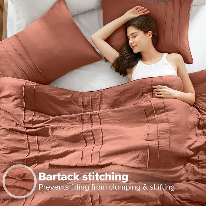 Comfort Spaces Clay Queen Size Comforter Set - 3 Pieces Pintuck Pleated Bedding Sets, All Season Lightweight, Extra Softness Pre-Washed Microfiber Queen Bed Set, Shams, Queen
